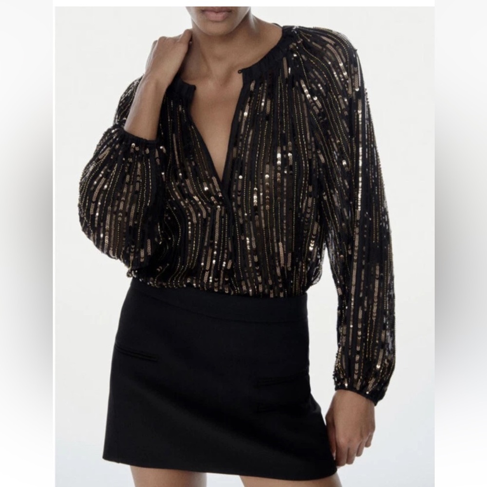 Zara Black and Gold Voluminous Sequin Blouse